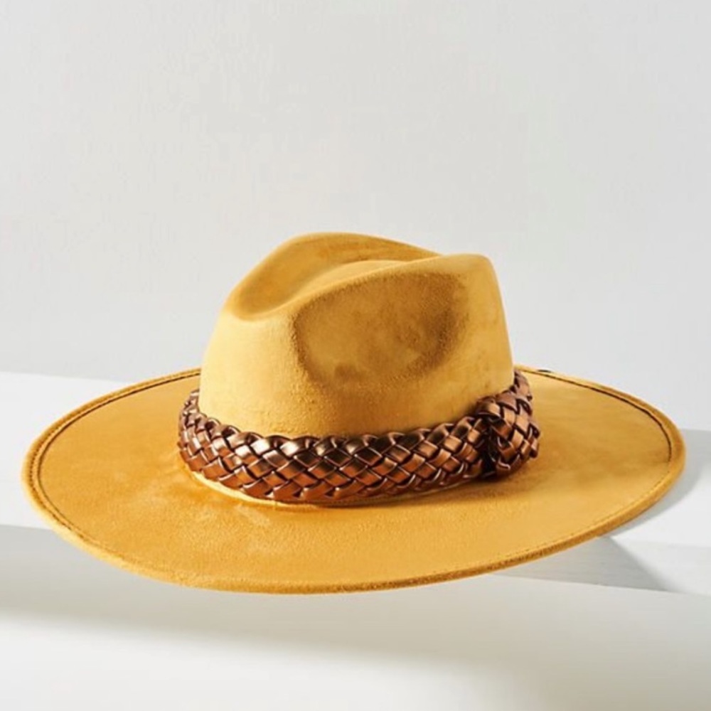 Anthropologie Mustard Yellow Hat with copper Braided Band